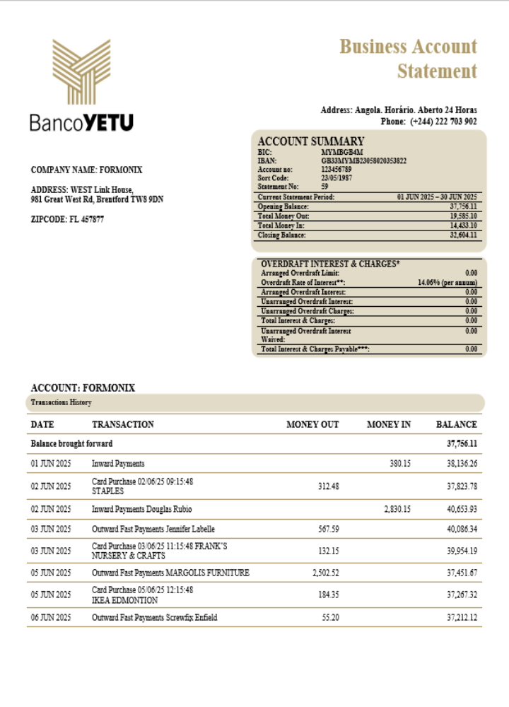 Relevé de la société de la banque d'affaires Banco Yetu Format Word et PDF